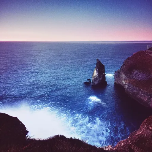 Image similar to night, blue hour, early night, deep blue atmosphere, overcast, low light, sundown, scattered islands, sea, ocean, low pressure system, cloud with eye, very windy, late evening, distant hotel retreat on cliffside, shining lights on cliff side, polaroid photograph