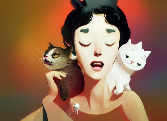 Image similar to a tomboy girl being happy with her cat. style by petros afshar, christopher balaskas, goro fujita, and rolf armstrong.