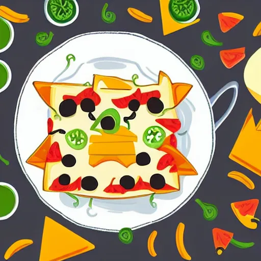 Image similar to cute adobe illustration nachos with cheese and jalapeno illustrations, white background, drawing, cartoon, in the style of shyama golden