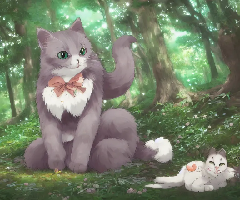 Prompt: kawaii cat in a forest, anime fantasy illustration by tomoyuki yamasaki, kyoto studio, madhouse, ufotable, comixwave films, trending on artstation