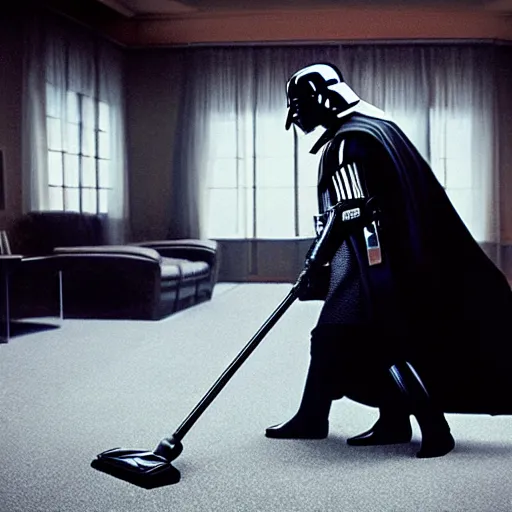 Image similar to a photo of darth vader vacuuming the carpet