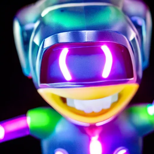 Image similar to a highly detailed vinyl figure with lighting bolts coming out of its eyes it is pointing to the right, RGB smile, square nose, electric eyes, sparking eyes, realistic lighting, realistic reflections, surprise, shocking