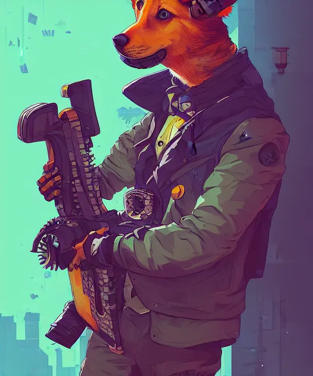 Image similar to a portrait of an anthropomorphic cyberpunk corgi holding a chainsaw, fantasy, elegant, digital painting, artstation, concept art, matte, sharp focus, illustration, art by josan gonzalez