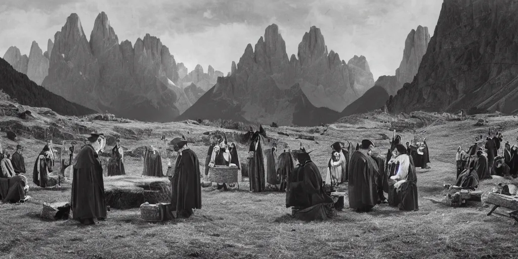 Image similar to 1920s photography of an occult ceremony and priests with hay coats and horns meeting with dolomites in the background, occult signs, wicca, alp, dolomites, alpine, detailed intricate insanely detailed octane render, 8k artistic 1920s photography, photorealistic, black and white, chiaroscuro, hd, by David Cronenberg, Raphael, Caravaggio