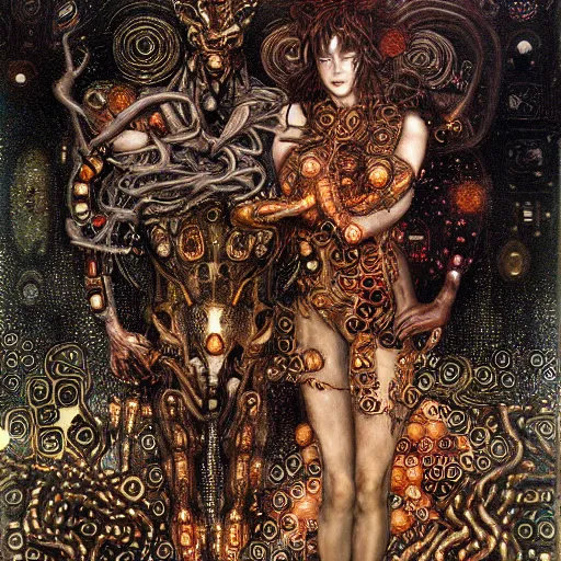 Image similar to horned cybernetic demon lovers trapped in circuitry, intricate detail, klimt, royo, whealan,