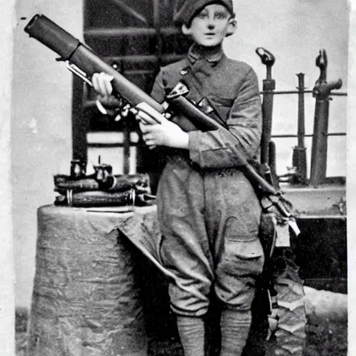 Prompt: old wartime photograph of the despicable me minion holding a lewis gun, 1 9 1 7