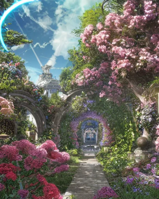 Image similar to portal to paradise, 8 k high definition, advanced technology, beams of energy, pathway, flowers, perfect relationship, love, machines, insanely detailed, intricate, art by akihiko yoshida, antilous chao, woo kim