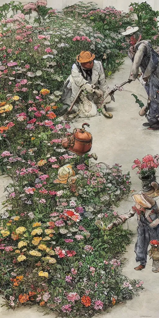 Image similar to oil painting scene from gardeners in the flower garden by kim jung gi