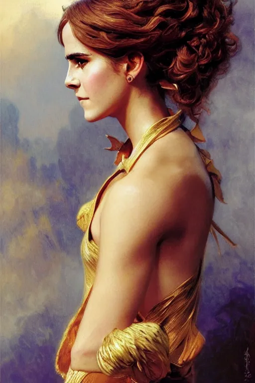 Prompt: emma watson manelbrot fightsuit gaston bussiere craig mullins j. c. leyendecker curly updo