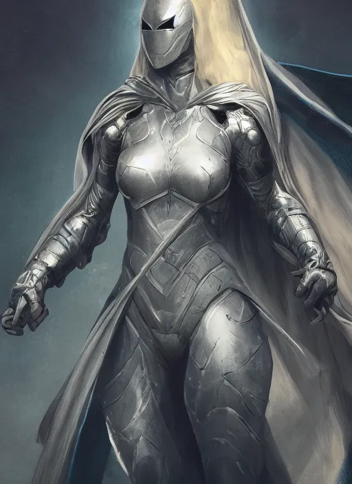 Image similar to female moon knight, hyper detailed, dynamic background, digital art, trending in artstation, cinematic lighting, studio quality, smooth render, unreal engine 5 rendered, octane rendered, art style by klimt and nixeu and ian sprigger and wlop and krenz cushart