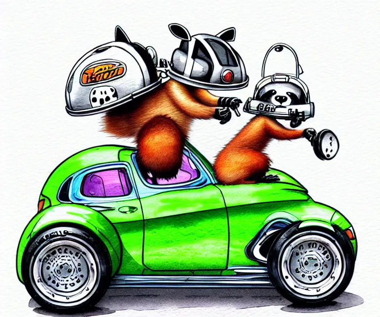 Prompt: cute and funny, racoon wearing a helmet riding in a tiny hot rod 2 0 0 2 plymouth prowler with oversized engine, ratfink style by ed roth, centered award winning watercolor pen illustration, isometric illustration by chihiro iwasaki, edited by range murata, details by artgerm