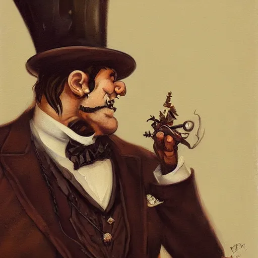 Image similar to a victorian era portrait painting of a warcraft orc in a suit and top hat by Peter Mohrbacher