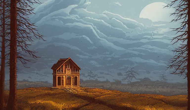 Image similar to A serene landscape with a singular building in the style of Dan mumford.