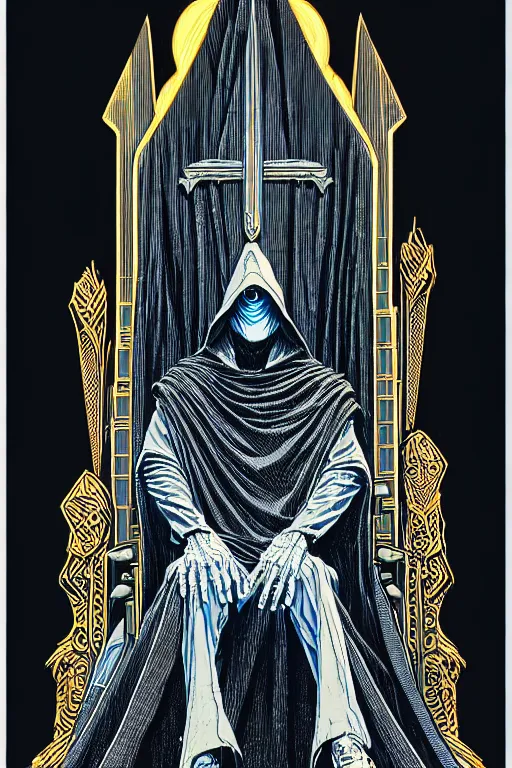 Image similar to cloaked wizard sitting in a throne, high details, intricately detailed, by vincent di fate, inking, 3 color screen print, masterpiece, trending on artstation,, sharp, details, hyper - detailed, hd, 4 k, 8 k