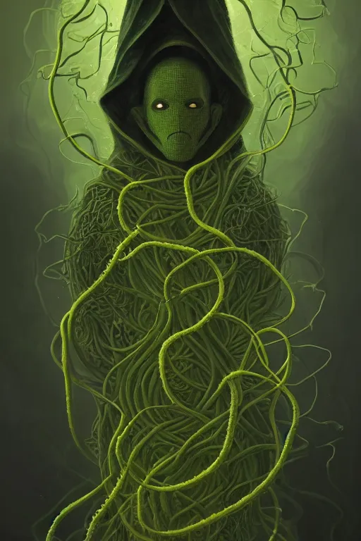 Prompt: A full body portrait of a mysterious shaman (no face) with a very long hooded dark green and yellow cloak tentacles and vines coming out the ground art by Maciej Kuciara and Jason Chan, ominous, cosmic horror, trending on artstation, Ultra detailed, hyper realistic 4k