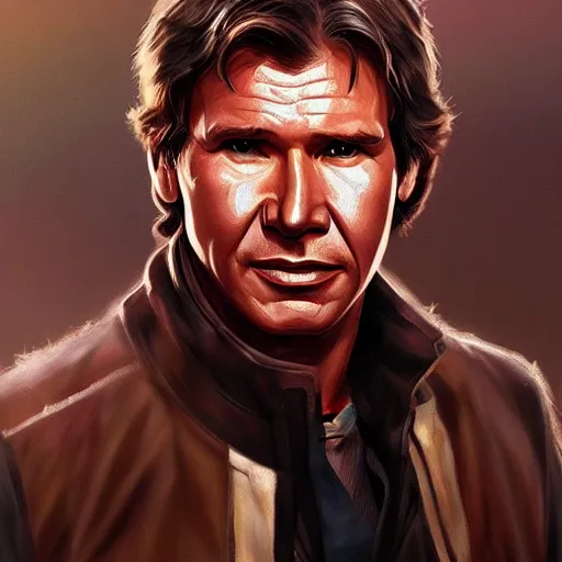 Prompt: old harrison ford as han solo, oil painting, artgerm, portrait, highly detailed, artstation