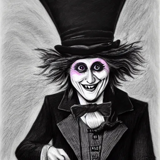 Image similar to horrifying charcoal drawing of the mad-hatter-willie-wonka-babadook