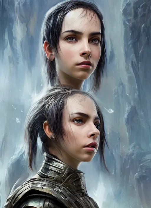 Image similar to a professional portrait of a beautiful young female, clothed in ethereal battle armor, olive skin, long dark hair, beautiful bone structure, symmetrical facial features, intricate, elegant, digital painting, concept art, smooth, sharp focus, finely detailed, illustration, from Valerian and the City of a Thousand Planets, in the style of Ruan Jia and Mandy Jurgens and Artgerm and Greg Rutkowski and William-Adolphe Bouguerea