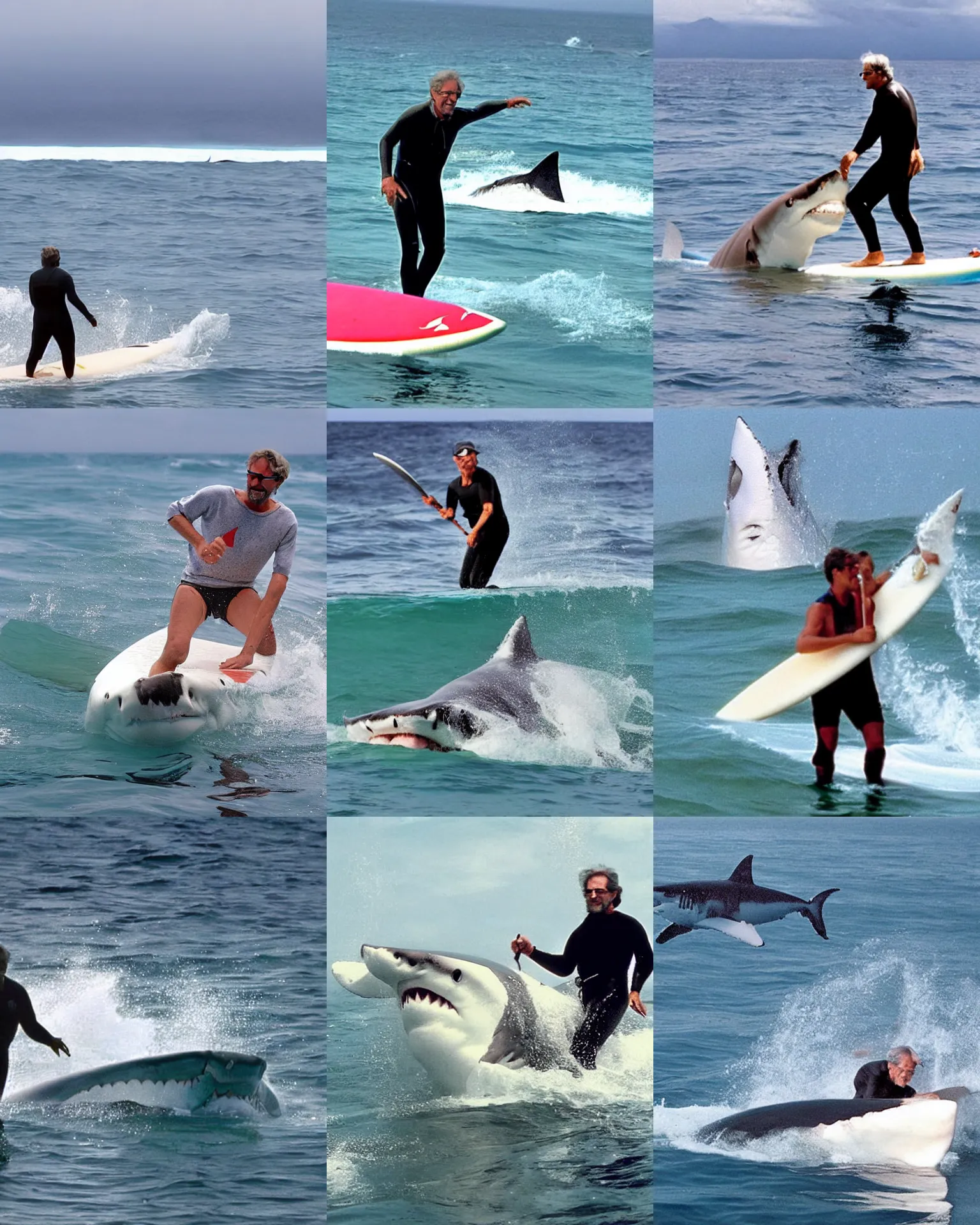 Prompt: Steven Spielberg paddling on a Surfboard while a huge shark fin of a great white shark appears behind him