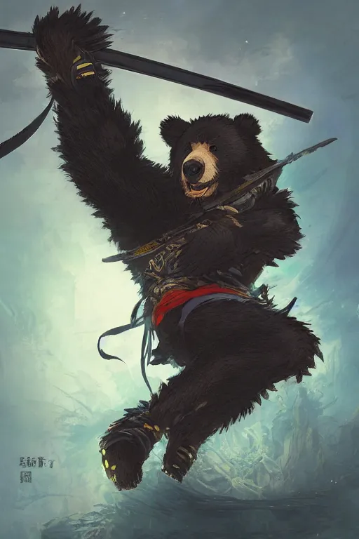 Image similar to key anime visuals rendering of a bear dressed as a ninja fighting with a katana. colorful design. higly detailed, intricate, greg rutkowski, directed by makoto shinkai, anime manga style, trending on art station.