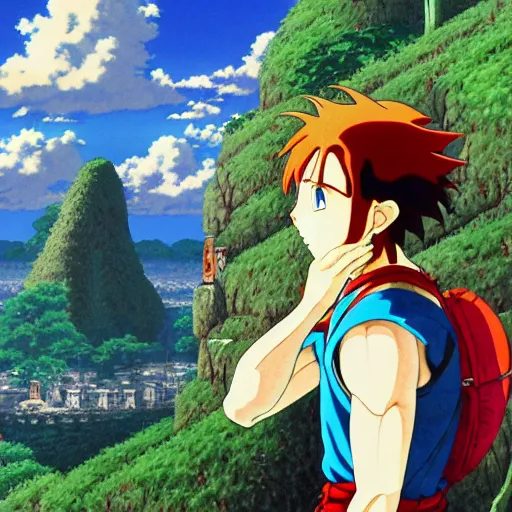 Image similar to beautiful amazing anime portrait painting of link looking at a landscape by hayao miyazaki, katsuhiro otomo, akira toriyama, satoshi kon, eiichiro oda, hideaki anno