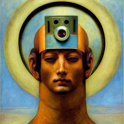 Image similar to the young robot prince with his feathered bird mask, by annie swynnerton and diego rivera and elihu vedder, symbolist, dramatic lighting, elaborate geometric ornament, head and shoulders view, art brut, soft cool colors, smooth, sharp focus, extremely detailed, adolf wolfli, donato giancola