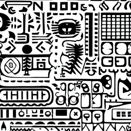 Prompt: 1 0 0 black and white glyphs that looks like little monsters, writting system, toki pona, sitelen