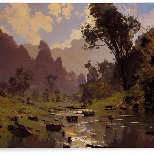 Prompt: earthy by frederic remington, by wadim kashin. the computer art is of a small village with a river running through it. in the distance, there are mountains. the sky is clear & the sun is shining.