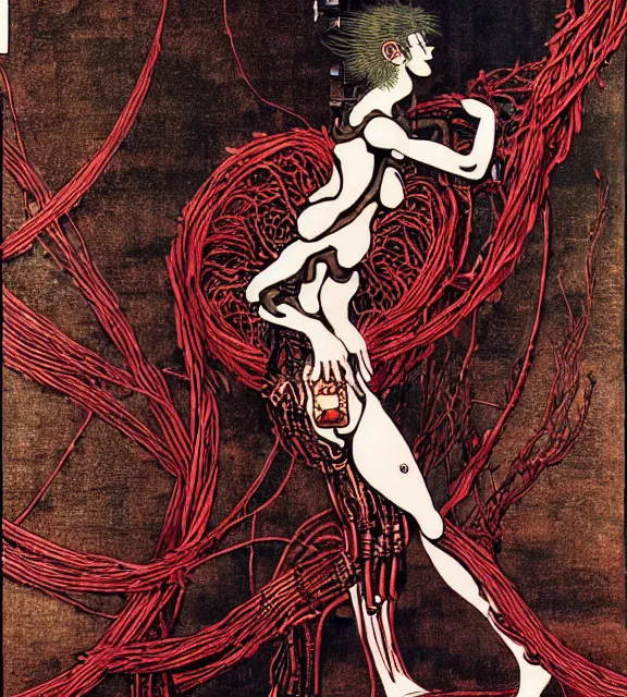 Image similar to still frame from Prometheus, harvest goddess cyborg in crimson filament mycelium, dressed by Neri Oxman and alexander mcqueen, metal couture haute couture editorial by utagawa kuniyoshi by giger