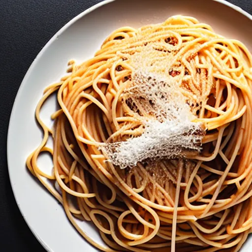 Prompt: a photo of a plane with spaghetti coming out of it