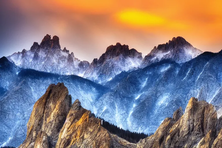Prompt: tall mountains, sunset, photograph, ultra realistic