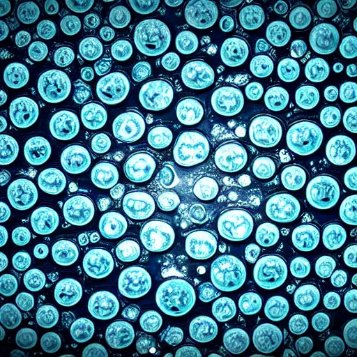 Image similar to microscopic petri dish photo of a transparent sectioned cobalt blue - green flagellated bacteria, aeruginosa, microscopic photo, cyan, dark black background, fluids inside