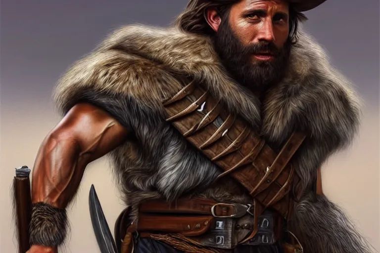 Image similar to photorealistic full body portrait of a gruff biblical ranger with a wolf, lean and toned, handsome face, hairy chest and hairy body, D&D, intricate, elegant, highly detailed, digital painting, artstation, concept art, matte, sharp focus, chiaroscuro, well lit, illustration, art by Artgerm and Greg Rutkowski and Alphonse Mucha