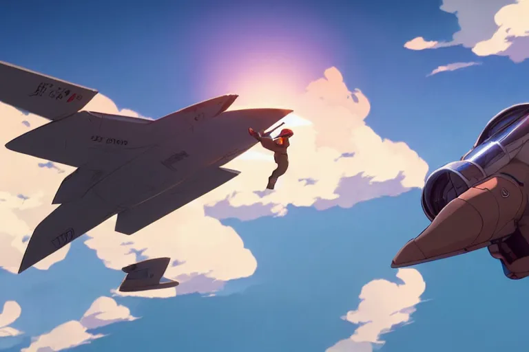 Prompt: a wholesome animation key shot of!! one!! focused!! fighter!! jet!!, in clear skies, wide shot, studio ghibli, pixar and disney animation, sharp, very detailed, high resolution, rendered in unreal engine 5, anime key art by greg rutkowski, bloom, dramatic lighting