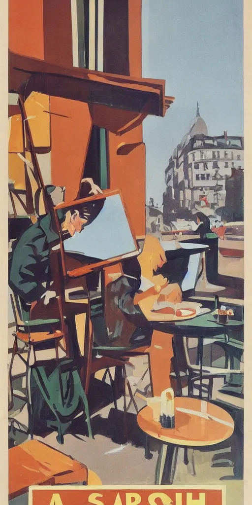 Image similar to A 1950’s poster of a a French artist painting plein air at a coffee shop on street in Paris in art deco style