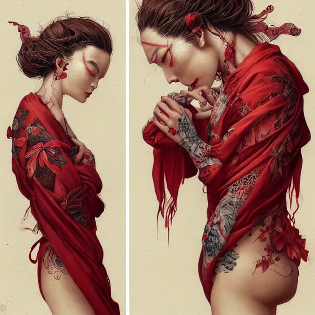 Image similar to ultra realistic illustration, beautiful woman dressed in red kimono, backview, tattoos, in the style of peter mohrbacher by weta digital and beth cavener, high face symmetry, intricate, masterpiece, award winning, high face symmetry, intricate