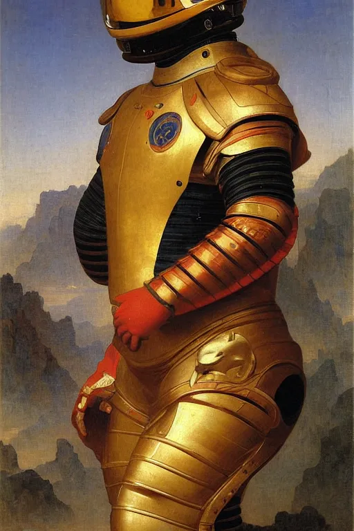 Image similar to portrait of a tiger astronaut with chinese dragon armor and helmet, majestic, solemn, by bouguereau