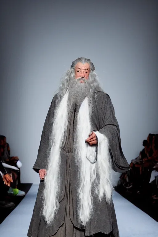 Image similar to gandalf as runway model on the catwalk, Fullbody