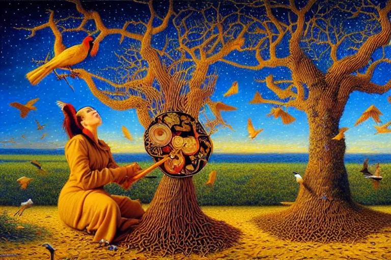 Image similar to oil painting, female playing the harph while birds are listening on the tree surreal, ultra realistic, wide angle, intricate details, artifacts, luminous skies, highly detailed, michael cheval, cinematic lighting