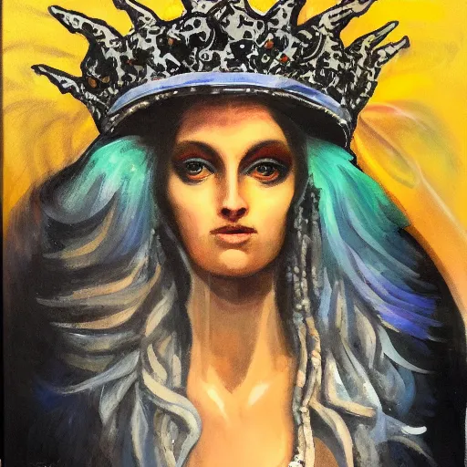 Prompt: 'Artemixel', the modern reincarnation of the old selenium god of hunt, also known as 'Artemis the Selene', carrying the celebrated 'Crown of the Crescent Moon', wich its usual bright and slightly bluish crescent like the brightness of the night. Portrait by Guillermo Lorca, oil on canvas
