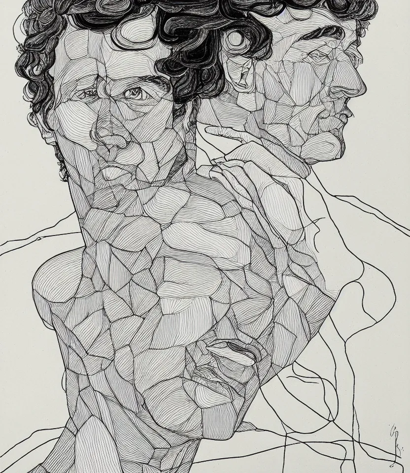 Prompt: elegant line art portrait of evard grieg. inspired by egon schiele. contour lines, musicality, twirls, curls and curves, strong personality, staring at the viewer