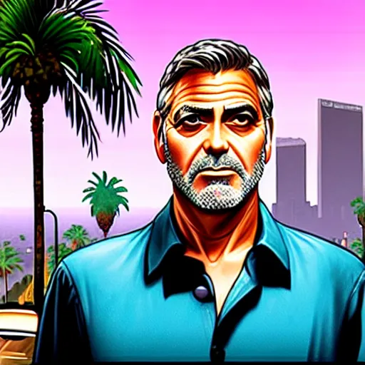 Image similar to george clooney in gta v. los santos in background, palm trees in the art style of stephen bliss