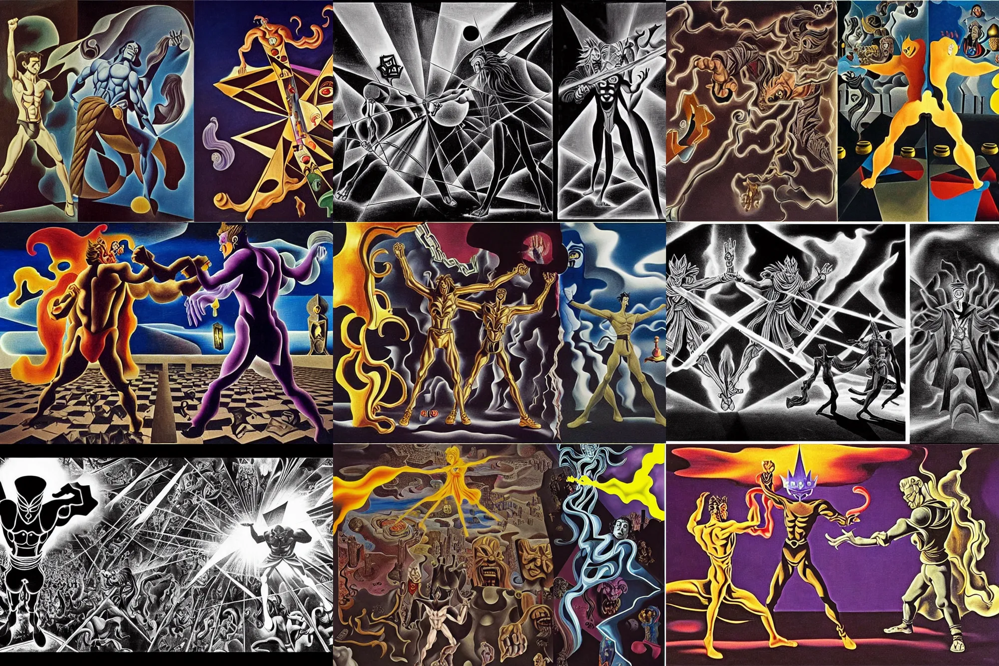 Prompt: the final fight between a crazed shadowy! figure against the king of light!!!! in the new movie scene!! in the middle of the multiverse with art direction by bersinski!!, salvador dali!!, and mc escher!! tesselation