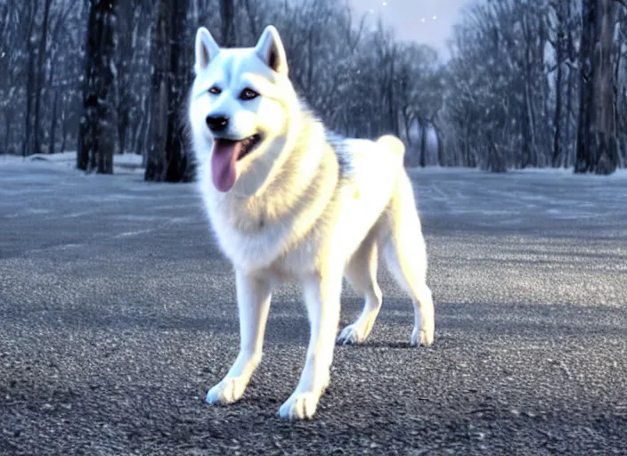 Image similar to film still of an anthropomorphic standing upright man dog white vested husky!!!!!! in a white vest wearing a white vest!!!!! in the new sci - fi movie, 8 k