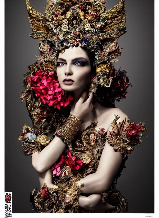 Image similar to expressive full body photo of a female model, ornate headpiece made from flowers, ornaments, glamour shot, by karol bak, by stefan gesell, photorealistic, canon r 3, fashion photography, hyper maximalist, elegant, ornate, luxury, elite, environmental portrait, symmetrical features, octane render, unreal engine, solid dark grey background, dramatic lights