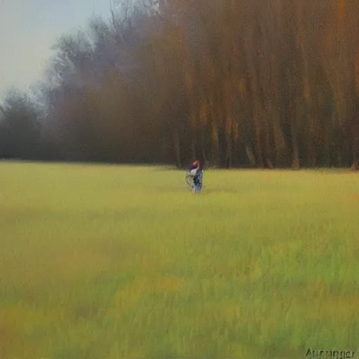 Prompt: painting by artemov leonid ， clean grassland with only one person in the distance