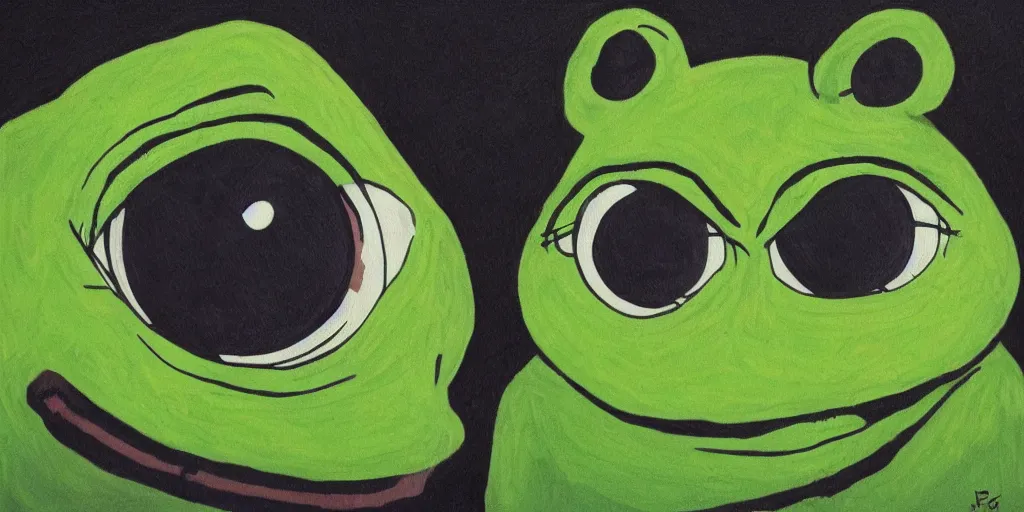 Prompt: sad pepe, big eyes, dark background, crying, emotional painting, high quality, detailed