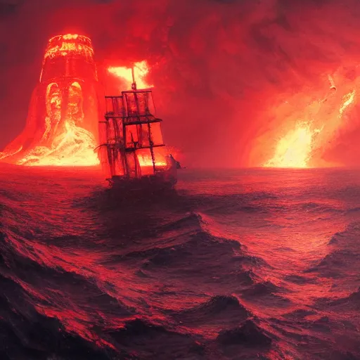 Image similar to pirate ship going to hell, warm temperature, red lightning, sea of lava, hyperdetailed, artstation, cgsociety, by greg rutkowski, by Gustave Dore