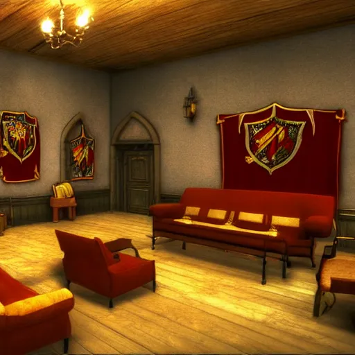 Image similar to Harry Potter in Gryffindor's common room, Playstation 2 screenshot, 3D Render