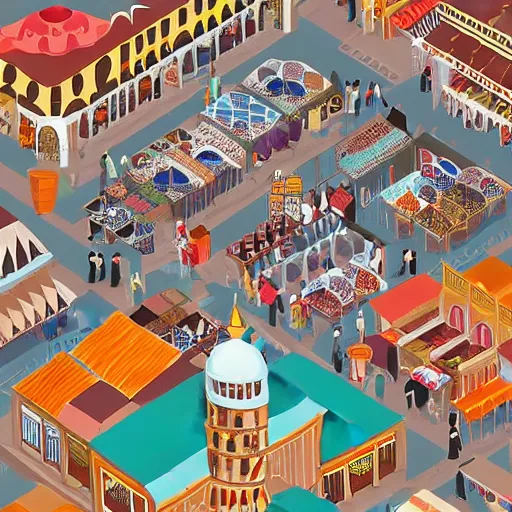 Prompt: cute isometric illustration of the grand bazaar, istanbul, turkey, turkey's grand bazaar is believed to be among the world's biggest covered markets, thousands of vendors touting all manner of goods for the home, furniture and exotic carpets, plus fashion and jewelry by victo ngai, studio muti